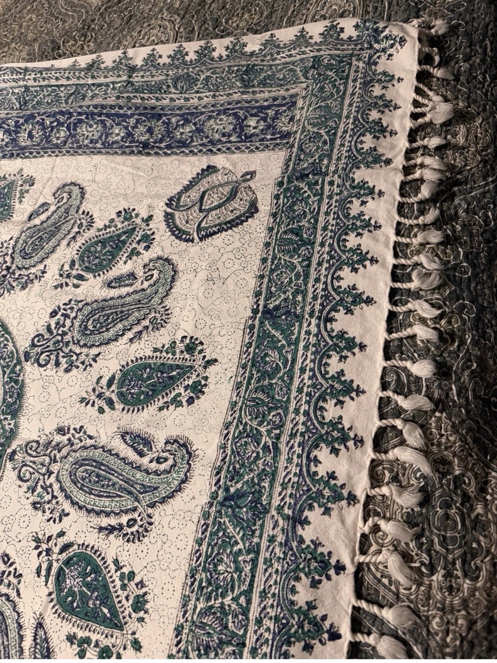 ANTIQUE Esfahan Iran Hand Block Painted Ghalamkar Cotton Fringed (53”x78”) - Picture 5 of 15